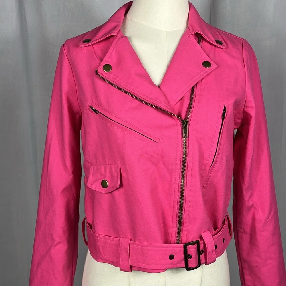 DOLAN for Anthropologie Cropped Linen Slim Moto Jacket in‎ Hot Pink.